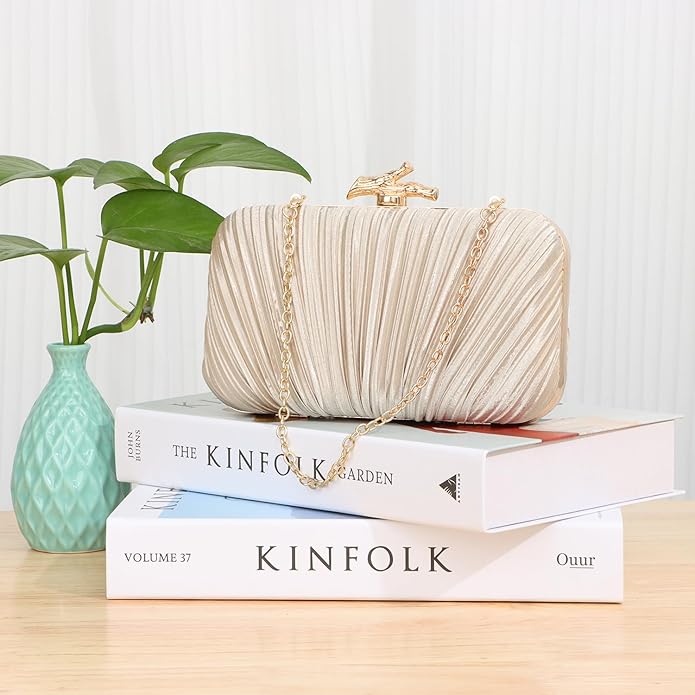 Pleated Champagne Hard-Shell Clutch
