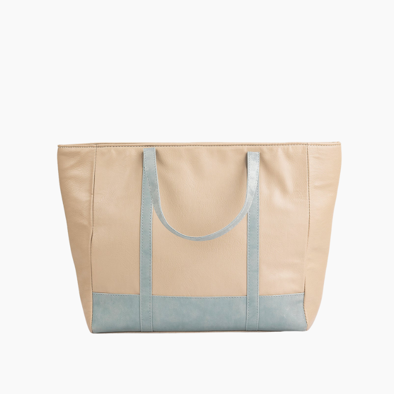 Classic Beige Tote Bag with Light Blue Accents