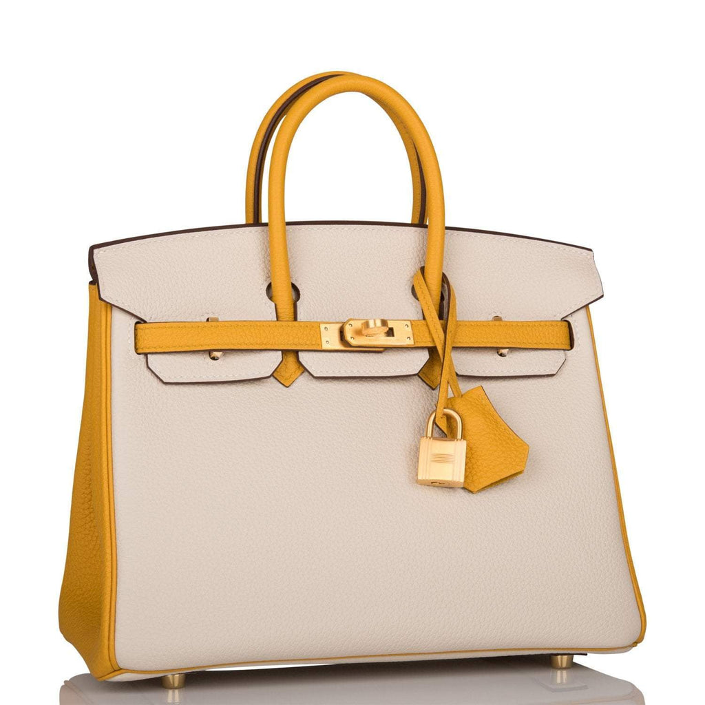 Hermes Horseshoe Stamp (HSS) Bi-Color Craie and Jaune Ambre Togo Birkin 25cm Brushed Gold Hardware