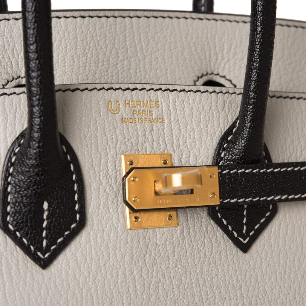 Birkin 25 Gray Perle and Black Chèvre Brushed Gold Hardware