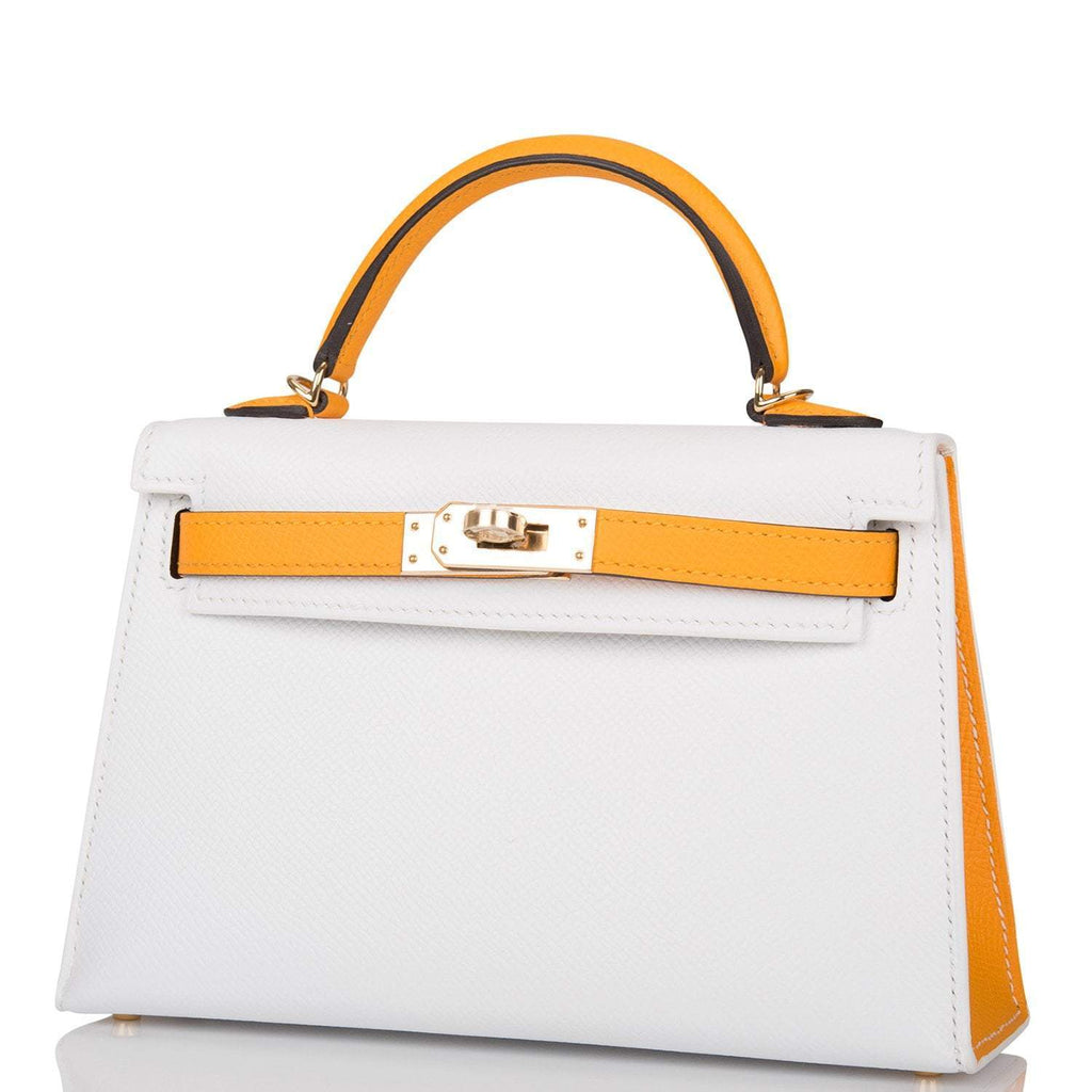 Hermes Horseshoe Stamp (HSS) White and Jaune D'Or Epsom Sellier Kelly 20cm Permabrass Hardware