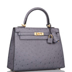 Hermes Horseshoe Stamp (HSS) Bi-Color Gris Agate and Bleu Electric Ostrich Sellier Kelly 25cm Brushed Gold Hardware