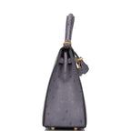 Hermes Horseshoe Stamp (HSS) Bi-Color Gris Agate and Bleu Electric Ostrich Sellier Kelly 25cm Brushed Gold Hardware
