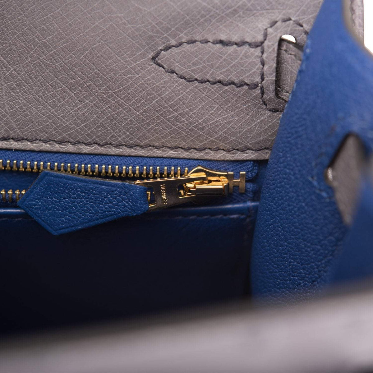 Hermes Horseshoe Stamp (HSS) Bi-Color Gris Agate and Bleu Electric Ostrich Sellier Kelly 25cm Brushed Gold Hardware