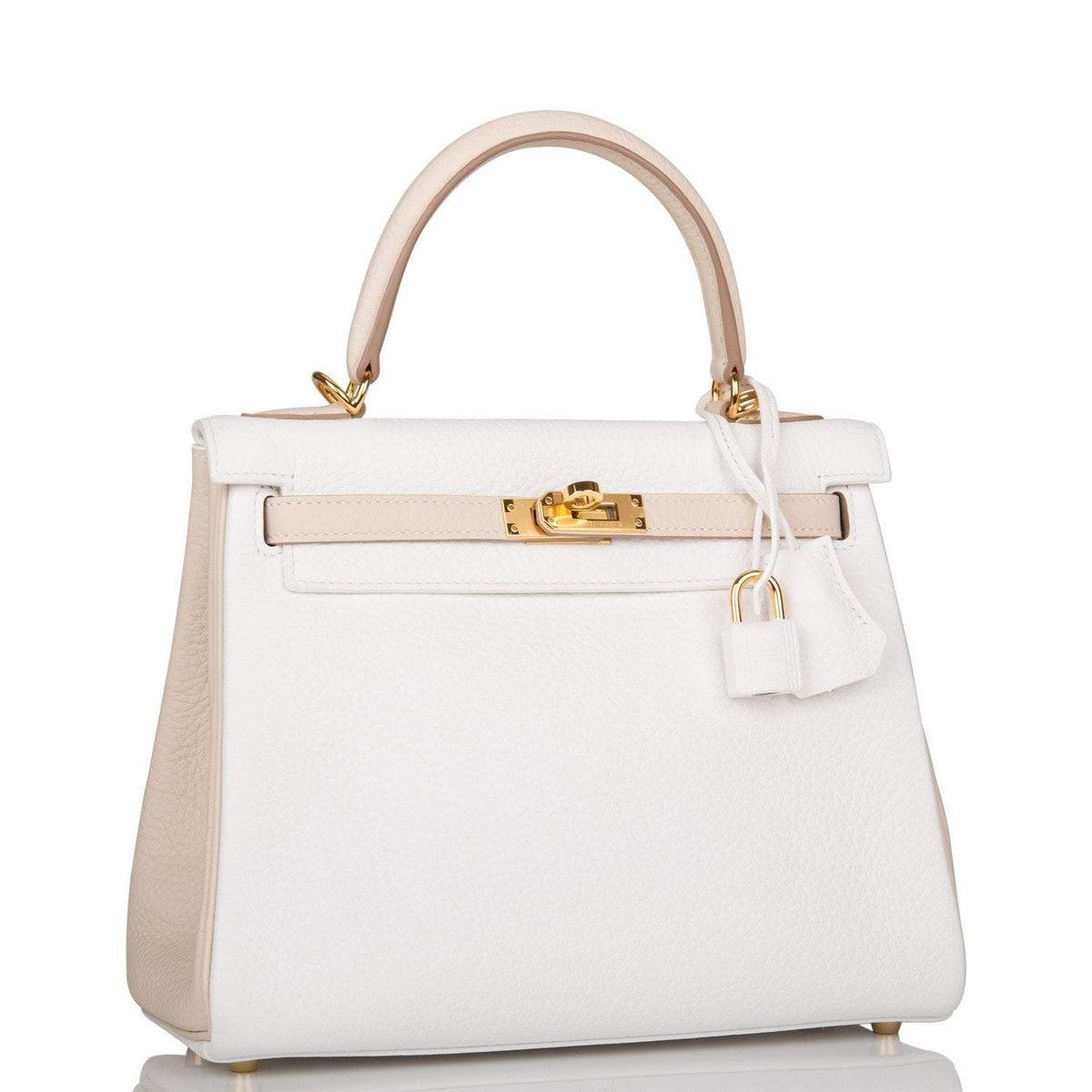 Hermes Horseshoe Stamp (HSS) Bi-Color White and Trench Clemence Retourne Kelly 25cm Gold Hardware