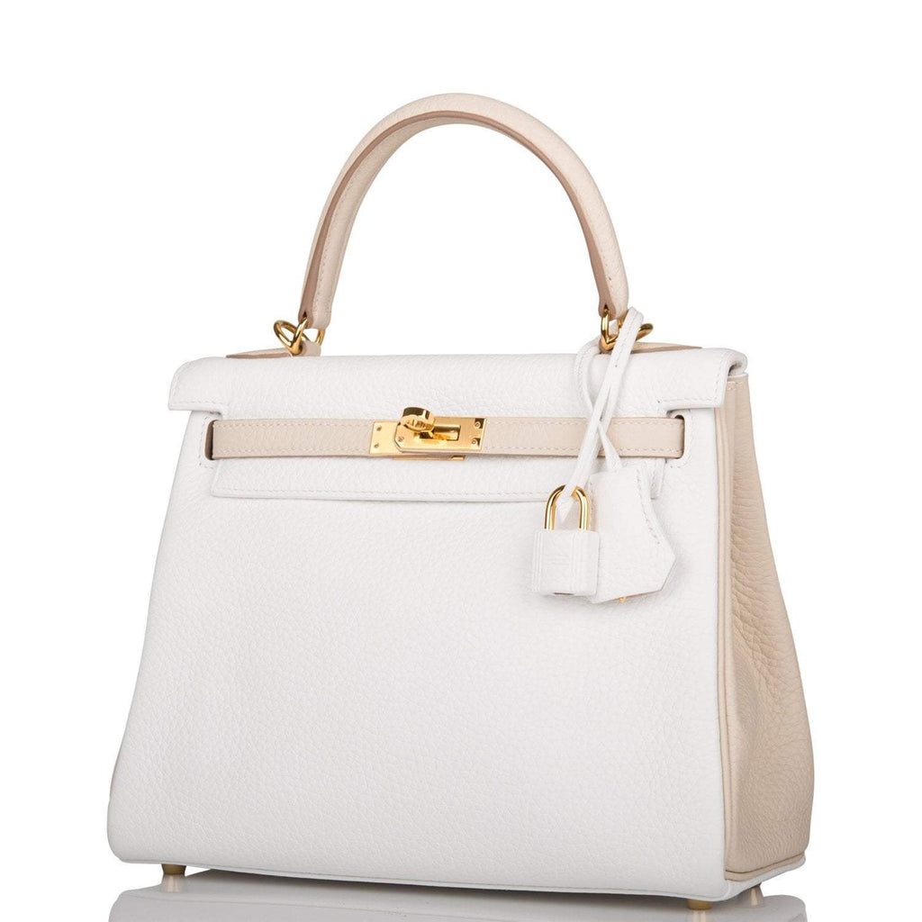Hermes Horseshoe Stamp (HSS) Bi-Color White and Trench Clemence Retourne Kelly 25cm Gold Hardware