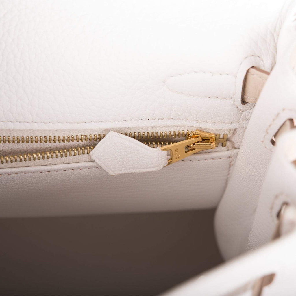 Hermes Horseshoe Stamp (HSS) Bi-Color White and Trench Clemence Retourne Kelly 25cm Gold Hardware