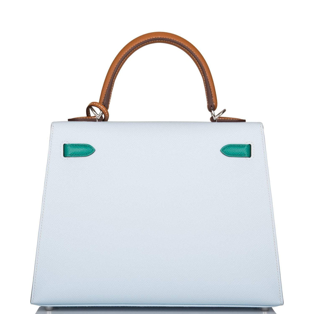 Hermes Tri-Color Bleu Brume, Vert Jade and Gold Epsom Sellier Kelly 25cm Palladium Hardware