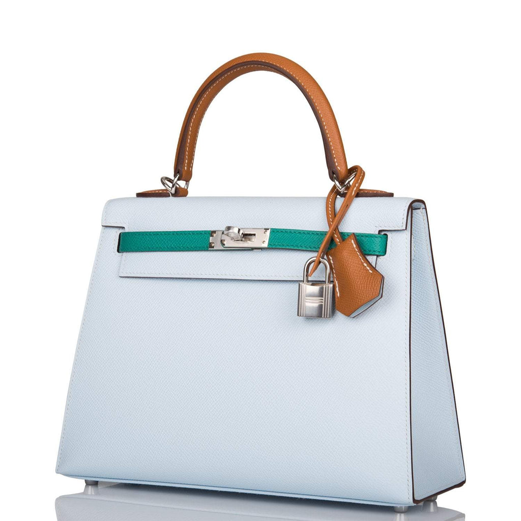 Hermes Tri-Color Bleu Brume, Vert Jade and Gold Epsom Sellier Kelly 25cm Palladium Hardware