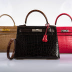 Hermes Kelly 28 Sellier Macassar, Ebene, Miel and Rose Extreme Alligator Palladium Hardware - 2021, Z