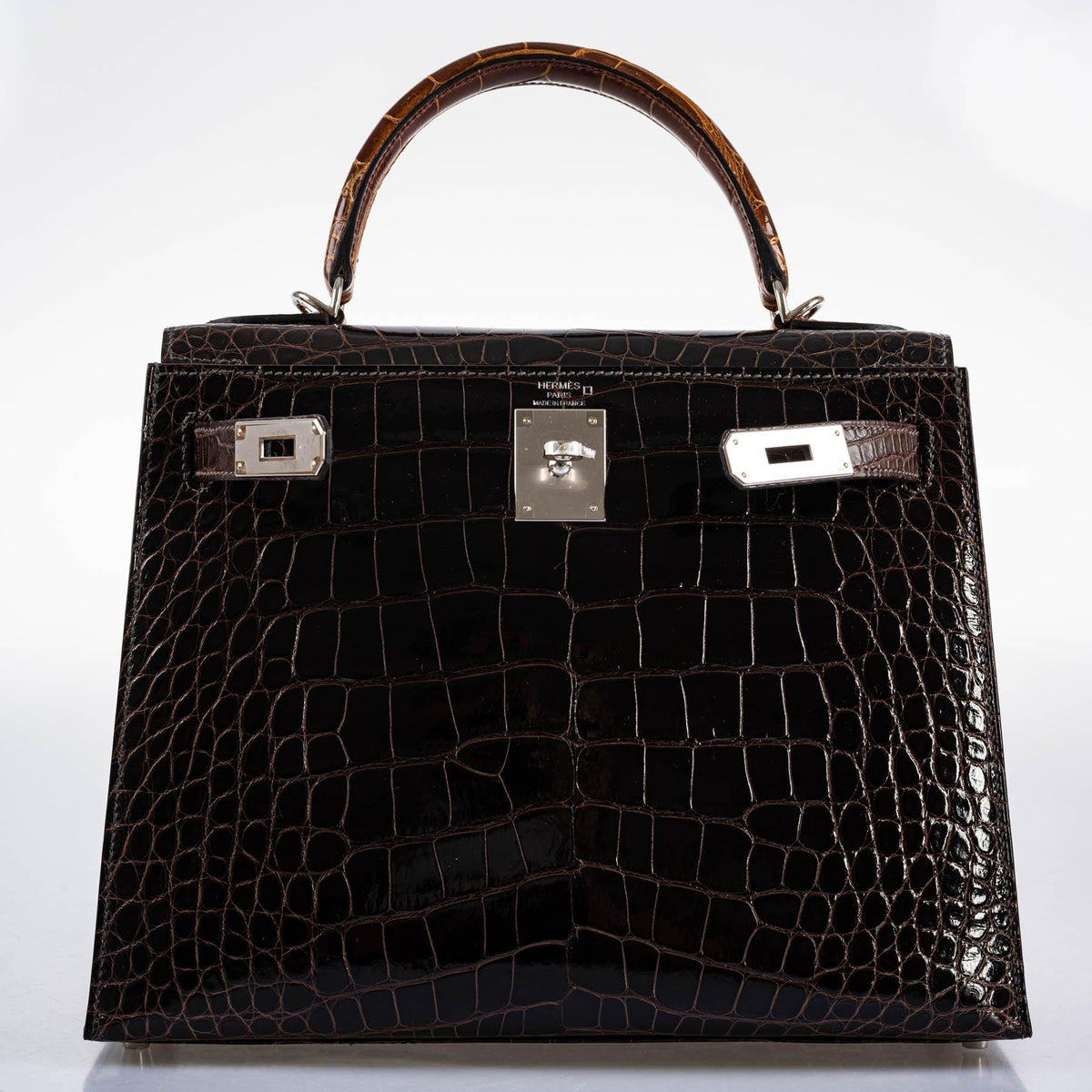 Hermes Kelly 28 Sellier Macassar, Ebene, Miel and Rose Extreme Alligator Palladium Hardware - 2021, Z
