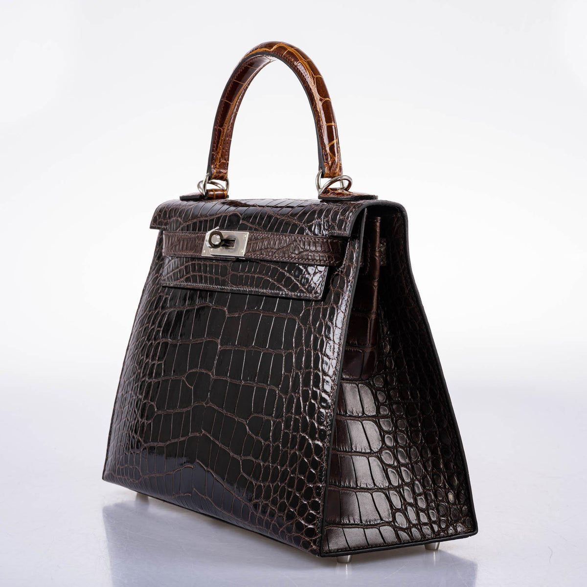 Hermes Kelly 28 Sellier Macassar, Ebene, Miel and Rose Extreme Alligator Palladium Hardware - 2021, Z