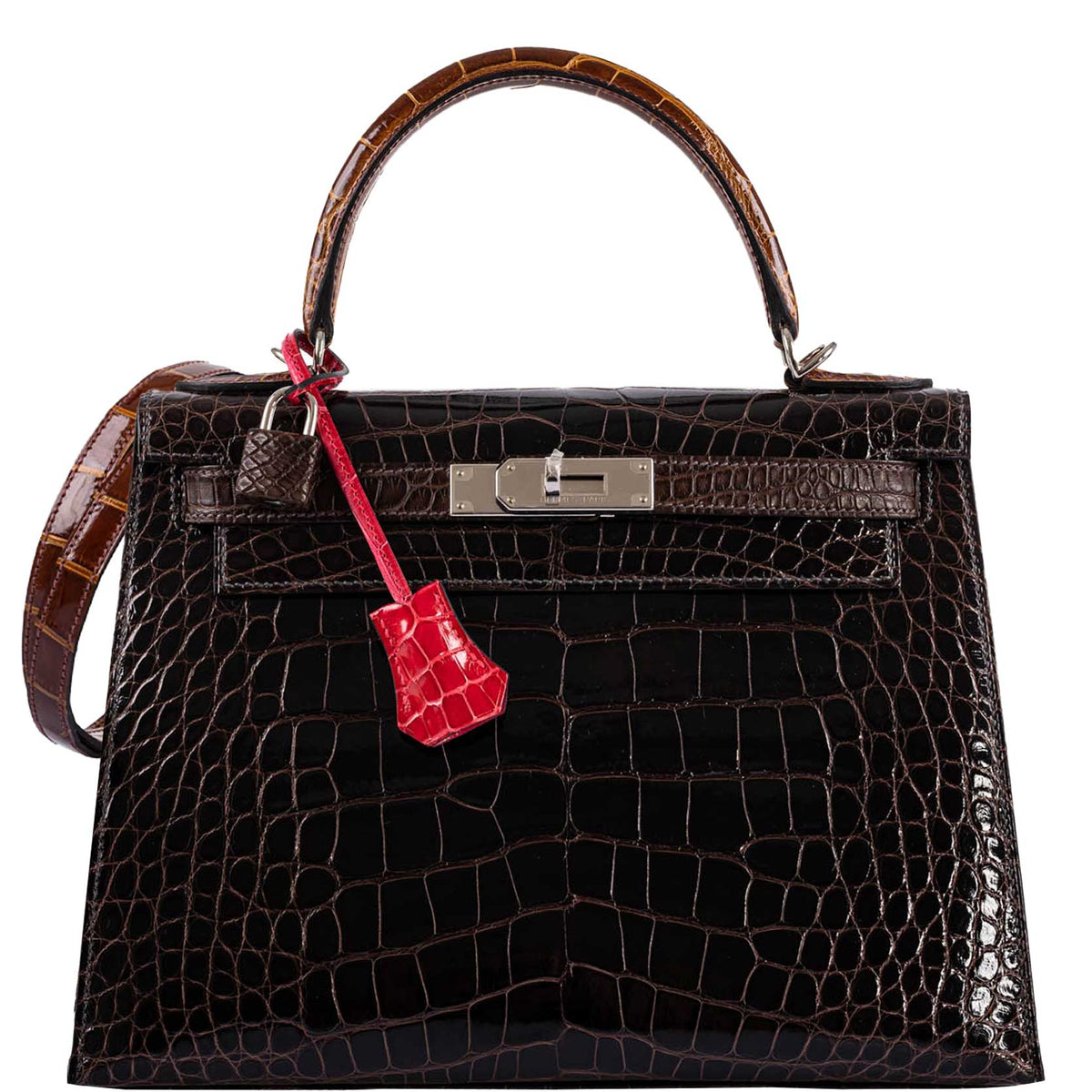 Hermes Kelly 28 Sellier Macassar, Ebene, Miel and Rose Extreme Alligator Palladium Hardware - 2021, Z