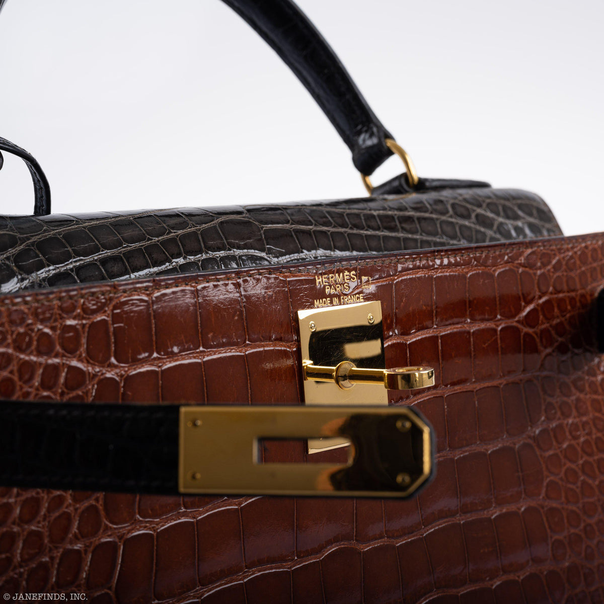 Hermes Kelly 28 Sellier Miel, Graphite & Black Alligator with Gold Hardware - 1995, Y Circle
