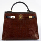 Hermes Kelly 28 Sellier Miel, Graphite & Black Alligator with Gold Hardware - 1995, Y Circle
