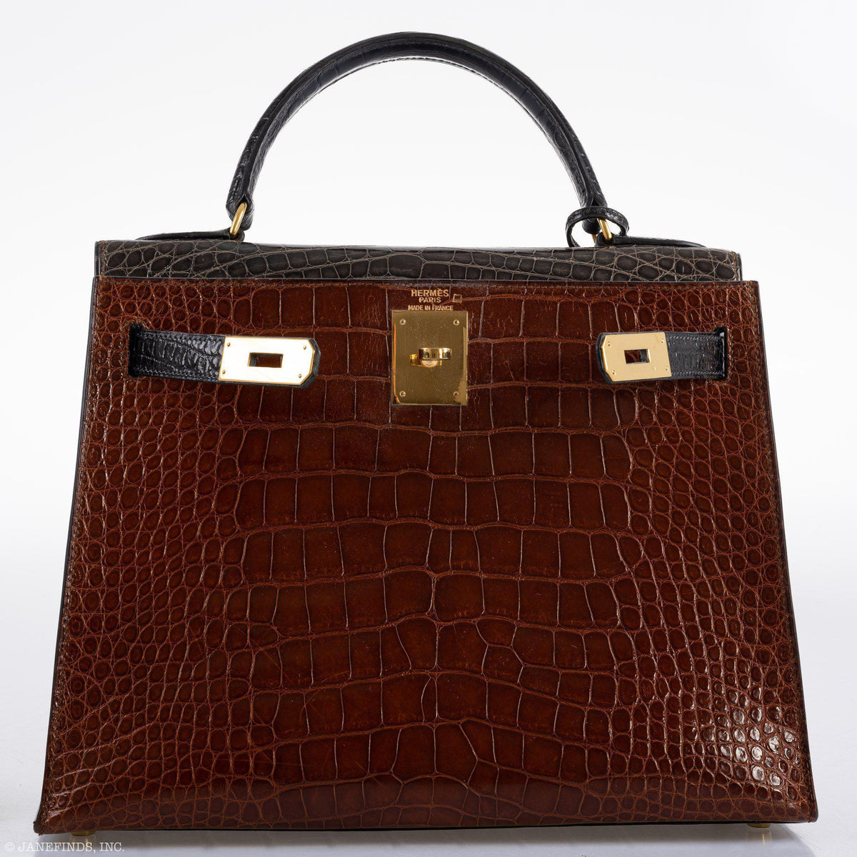 Hermes Kelly 28 Sellier Miel, Graphite & Black Alligator with Gold Hardware - 1995, Y Circle