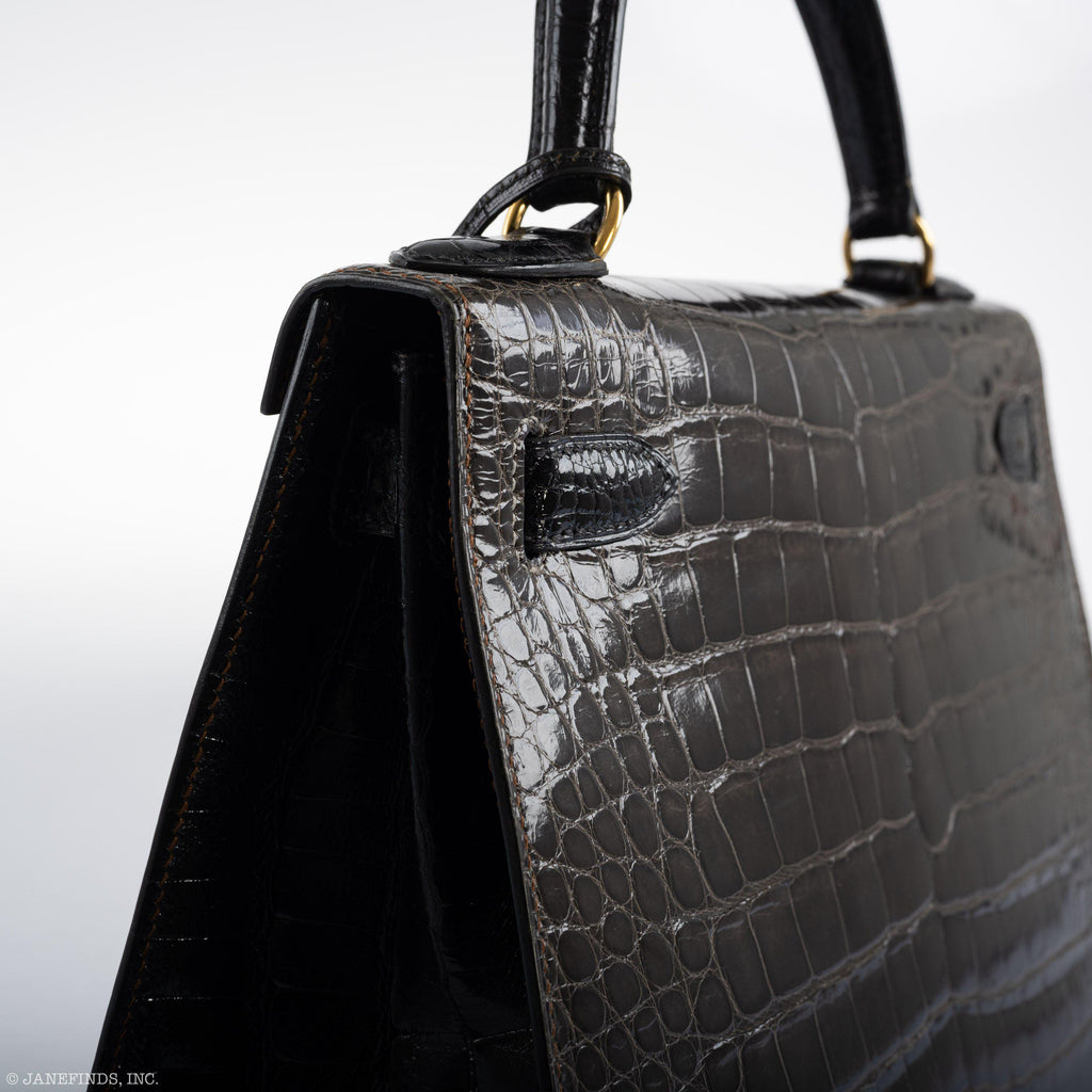 Hermes Kelly 28 Sellier Miel, Graphite & Black Alligator with Gold Hardware - 1995, Y Circle