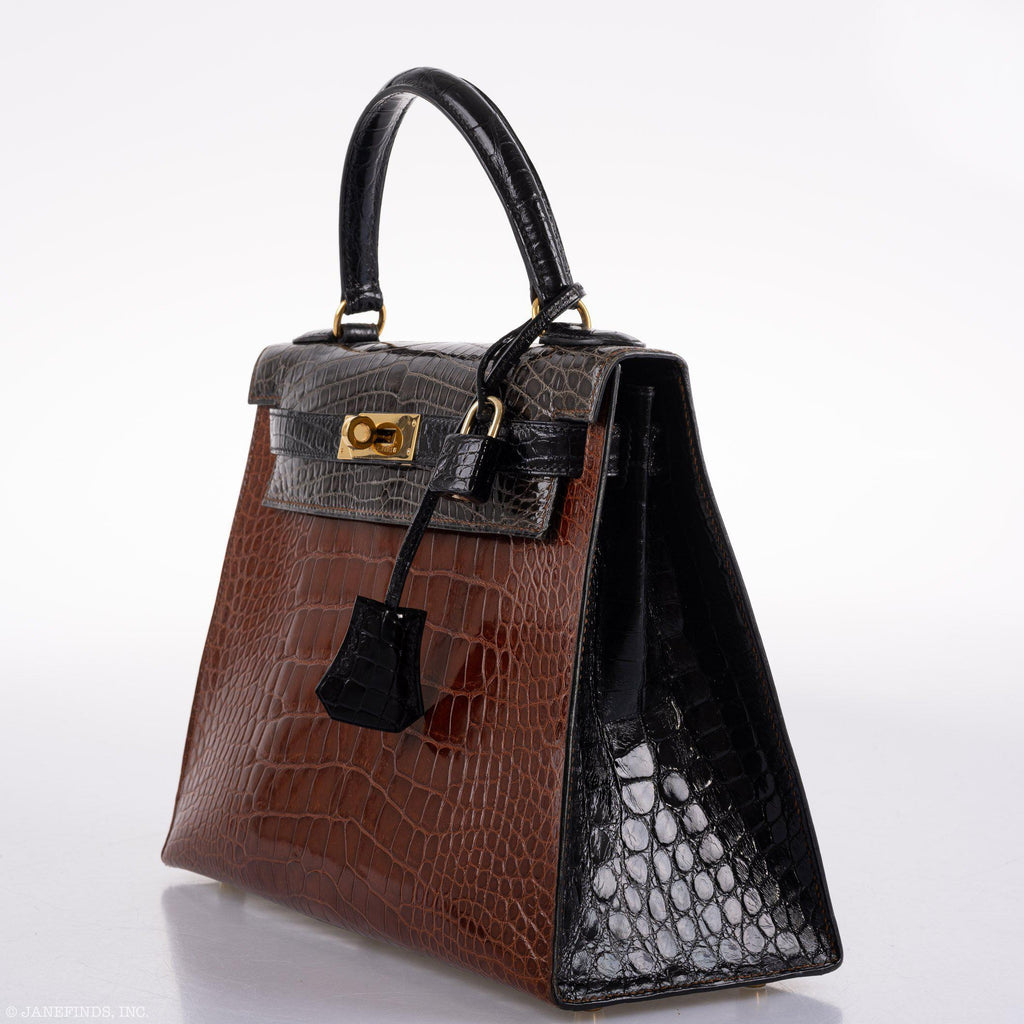 Hermes Kelly 28 Sellier Miel, Graphite & Black Alligator with Gold Hardware - 1995, Y Circle