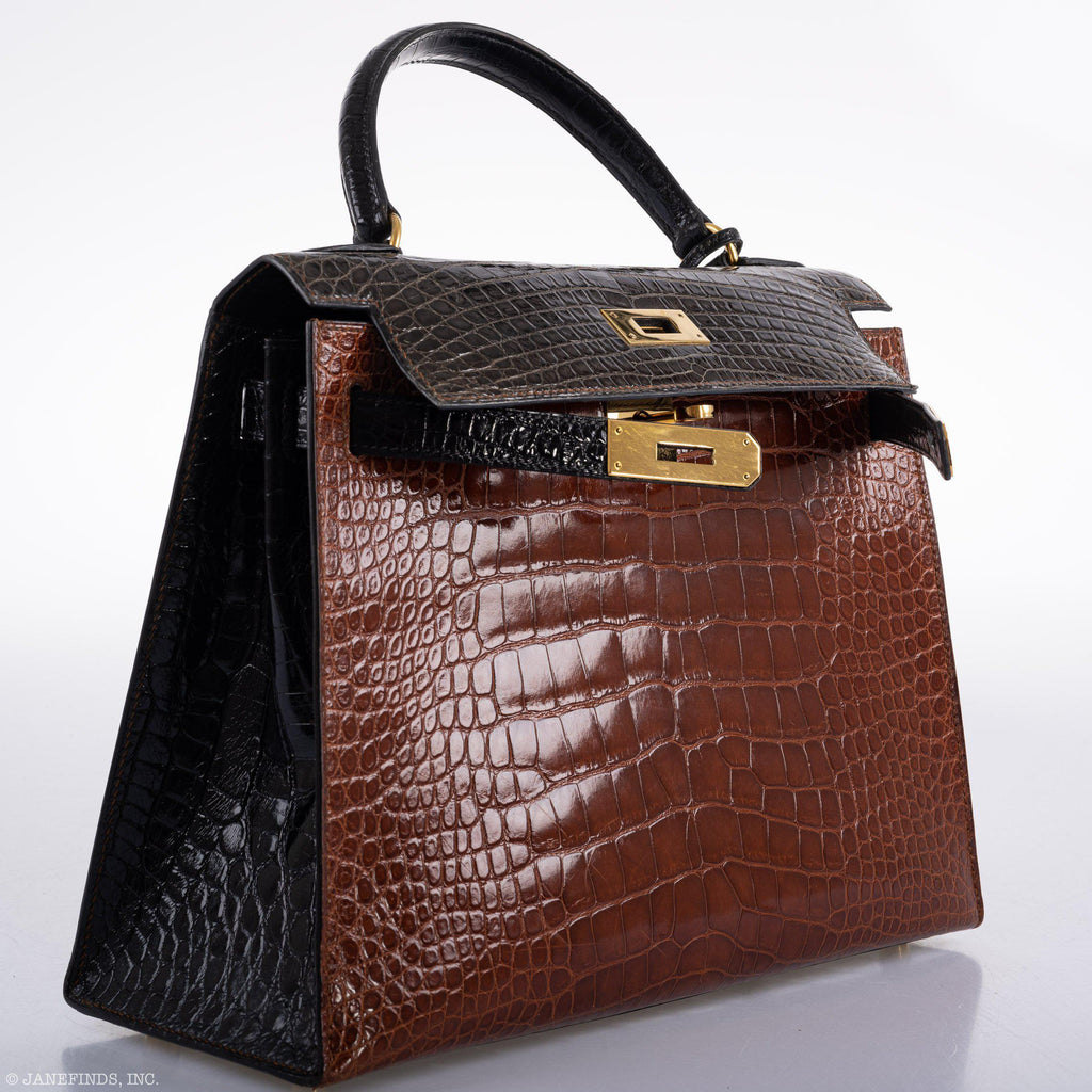 Hermes Kelly 28 Sellier Miel, Graphite & Black Alligator with Gold Hardware - 1995, Y Circle