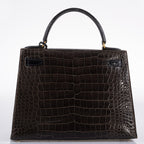 Hermes Kelly 28 Sellier Miel, Graphite & Black Alligator with Gold Hardware - 1995, Y Circle