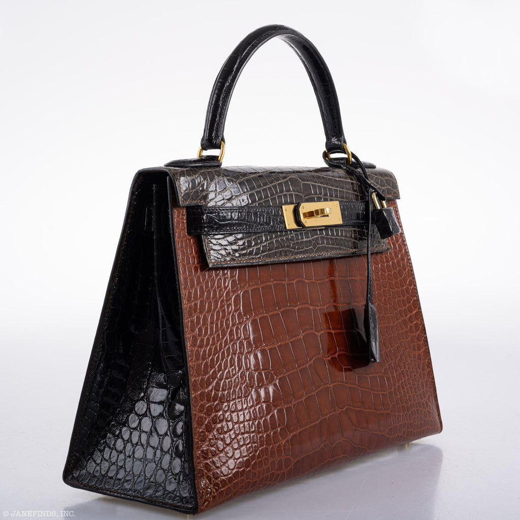 Hermes Kelly 28 Sellier Miel, Graphite & Black Alligator with Gold Hardware - 1995, Y Circle
