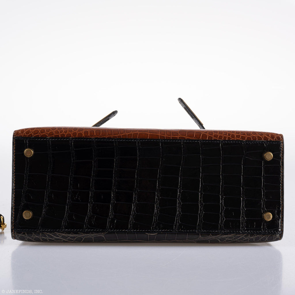 Hermes Kelly 28 Sellier Miel, Graphite & Black Alligator with Gold Hardware - 1995, Y Circle