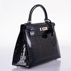 Hermes Kelly 28 Sellier Verso Blue Marine Nilo Crocodile & Rose Scheherazade Palladium Hardware - 2019, D