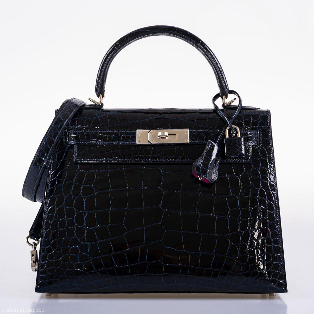Hermes Kelly 28 Sellier Verso Blue Marine Nilo Crocodile & Rose Scheherazade Palladium Hardware - 2019, D