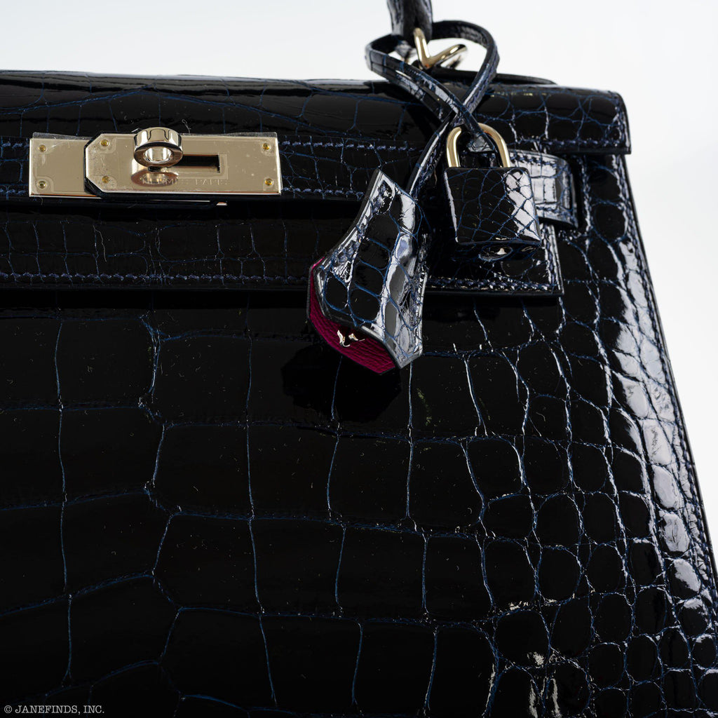 Hermes Kelly 28 Sellier Verso Blue Marine Nilo Crocodile & Rose Scheherazade Palladium Hardware - 2019, D