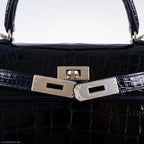Hermes Kelly 28 Sellier Verso Blue Marine Nilo Crocodile & Rose Scheherazade Palladium Hardware - 2019, D