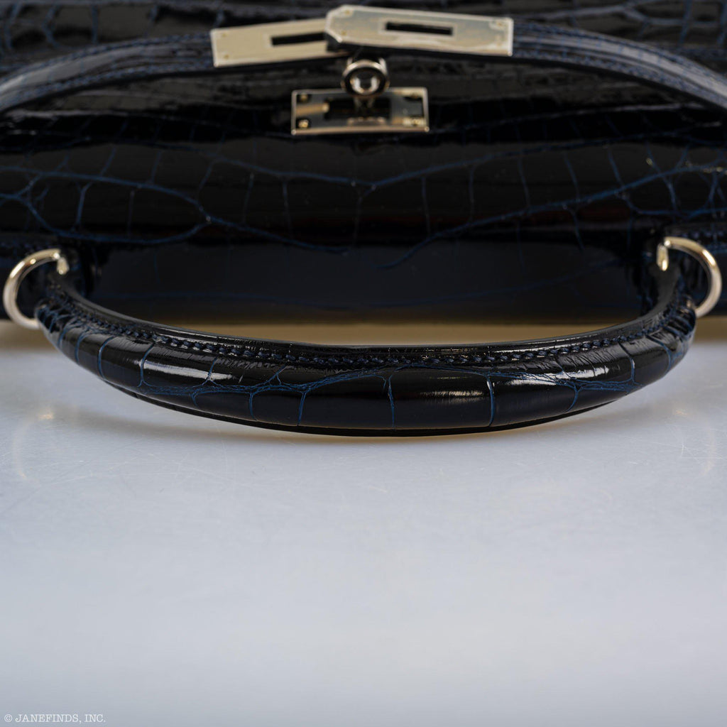Hermes Kelly 28 Sellier Verso Blue Marine Nilo Crocodile & Rose Scheherazade Palladium Hardware - 2019, D