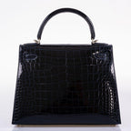 Hermes Kelly 28 Sellier Verso Blue Marine Nilo Crocodile & Rose Scheherazade Palladium Hardware - 2019, D
