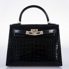 Hermes Kelly 28 Sellier Verso Blue Marine Nilo Crocodile & Rose Scheherazade Palladium Hardware - 2019, D