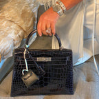 Hermes Kelly 28 Sellier Verso Blue Marine Nilo Crocodile & Rose Scheherazade Palladium Hardware - 2019, D