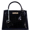 Hermes Kelly 28 Sellier Verso Blue Marine Nilo Crocodile & Rose Scheherazade Palladium Hardware - 2019, D