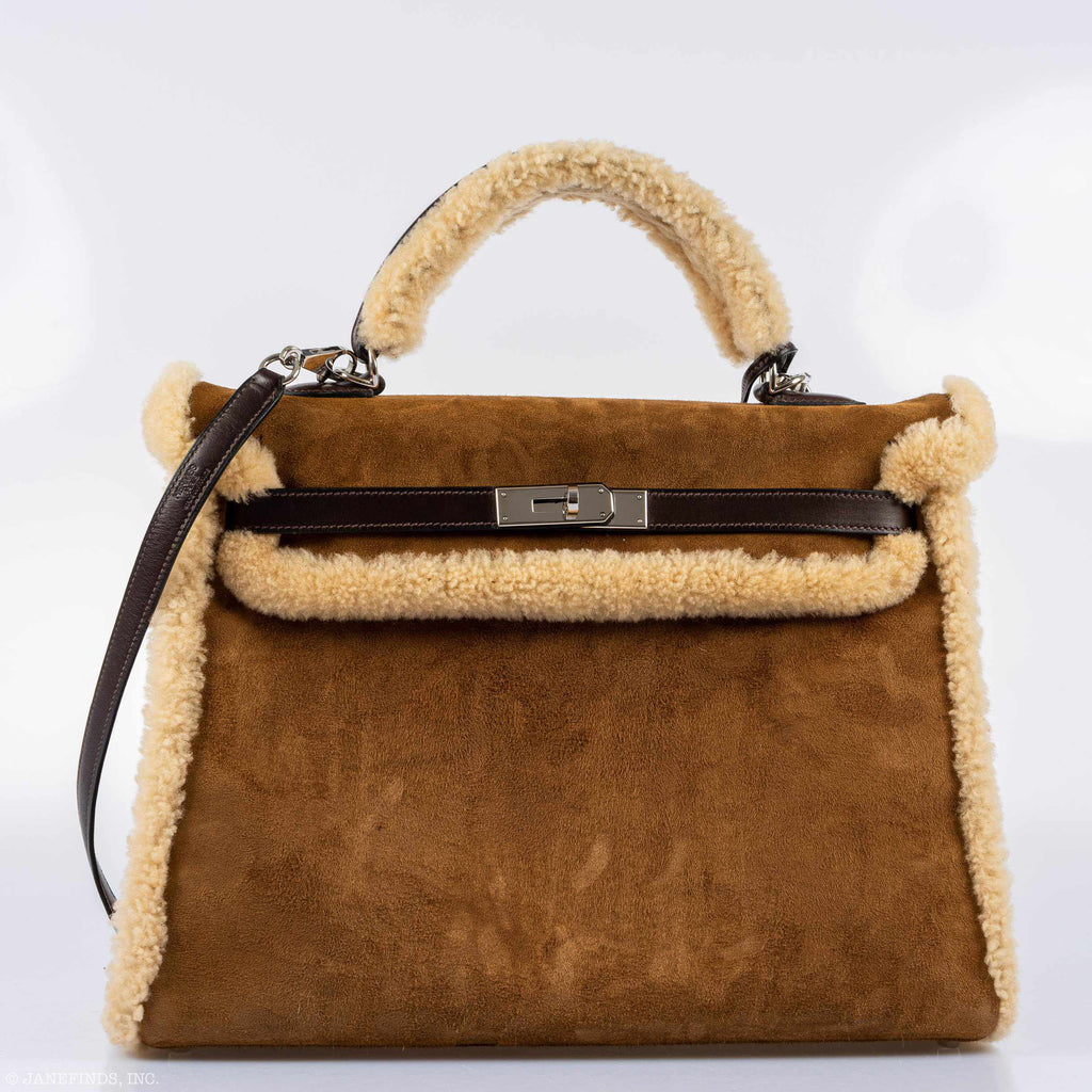 Hermes Kelly 35 Retourne Teddy Shearling & Ebene Barenia Palladium Hardware