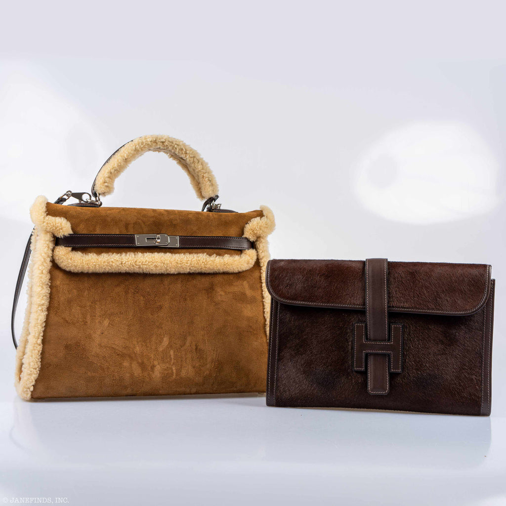 Hermes Kelly 35 Retourne Teddy Shearling & Ebene Barenia Palladium Hardware