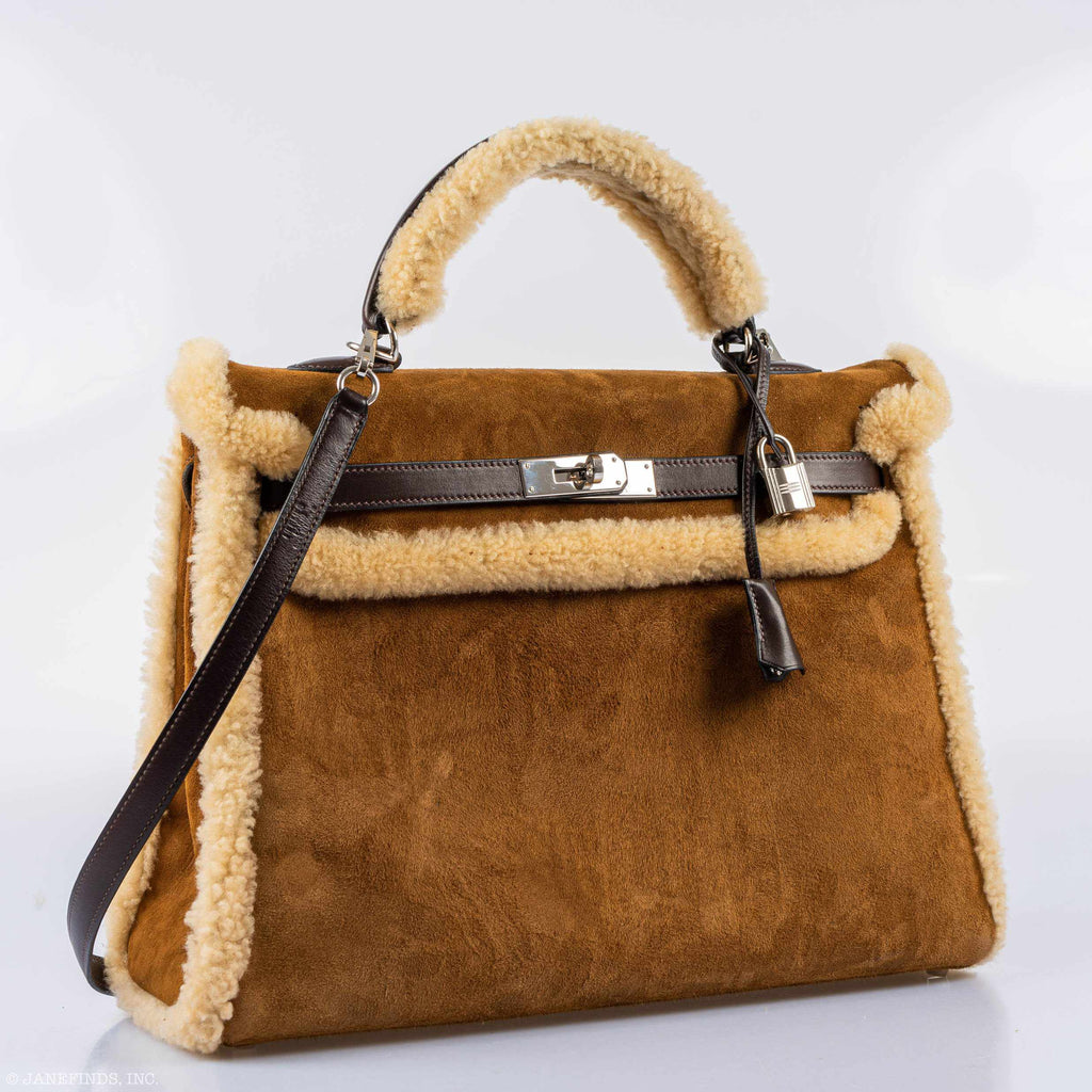 Hermes Kelly 35 Retourne Teddy Shearling & Ebene Barenia Palladium Hardware
