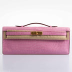 Hermes Kelly Cut Pochette 5P Bubblegum Pink Matte Porosus Crocodile Gold Hardware - 2019, D