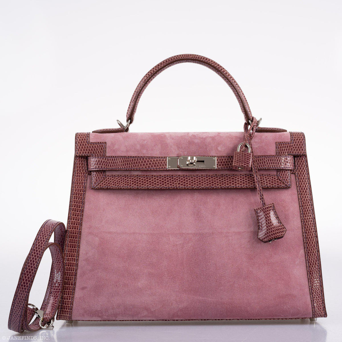 Hermes Unique HSS Kelly 32 Sellier Rose Indienne Doblis Suede & Mauve Lizard with Palladium Hardware - 2012, N Square
