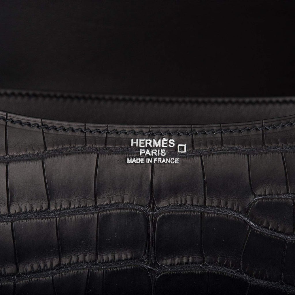 Hermes Black Matte Alligator and Ombre Lizard Marquette Constance 24cm Palladium Hardware