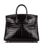 Hermes Black Shiny Niloticus Crocodile Birkin 25cm Gold Hardware