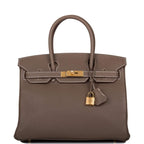 Hermes Etoupe Clemence Birkin 30cm Gold Hardware
