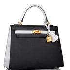 Hermes Kelly 28cm Bi-Color Black and Craie Epsom Sellier Brushed Gold Hardware