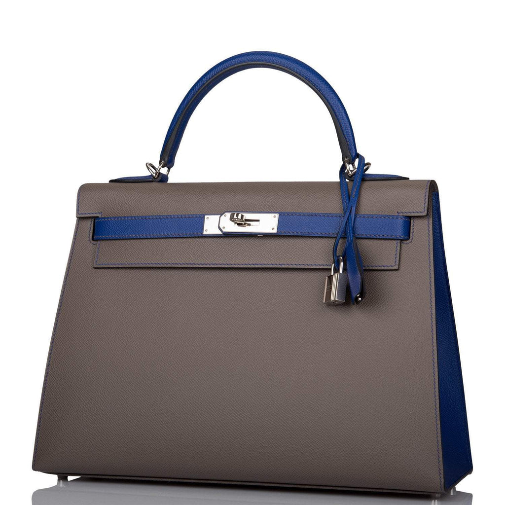 Hermes Kelly 32cm Bi-Color Etain and Bleu Electric Epsom Sellier Palladium Hardware