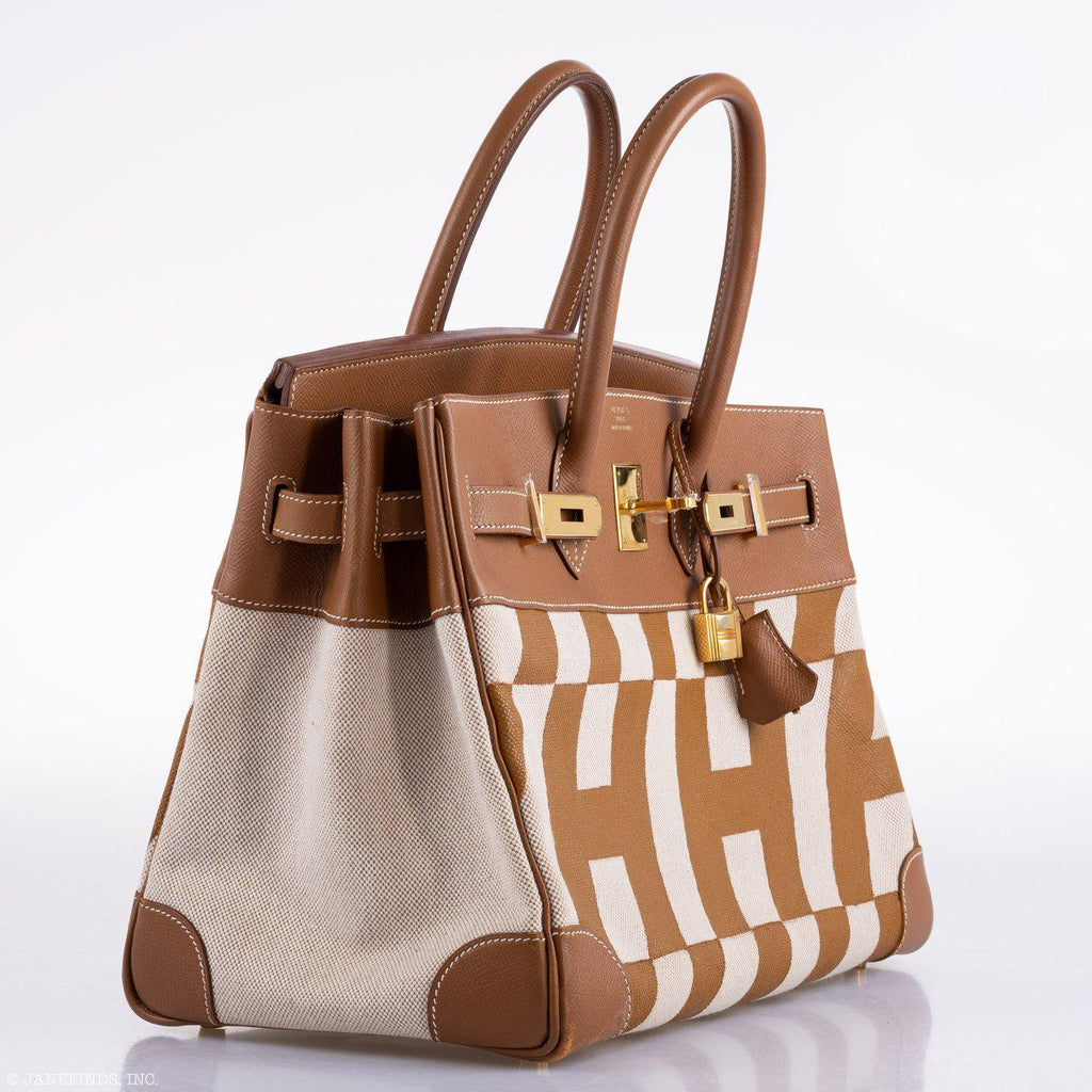 Vintage Hermes Birkin 35 Gold Courchevel with Painted Ulysses Toile Canvas & Gold Hardware - 1998, B Square