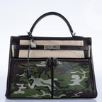 Vintage Hermes Kelly Lakis 35 Chocolate Box & Toile Camouflage Painting Palladium Hardware