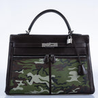 Vintage Hermes Kelly Lakis 35 Chocolate Box & Toile Camouflage Painting Palladium Hardware