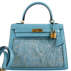 Vintage Hermes Kelly 25 Sellier Blue Atoll Tadelakt with Custom Feather Panel Gold Hardware
