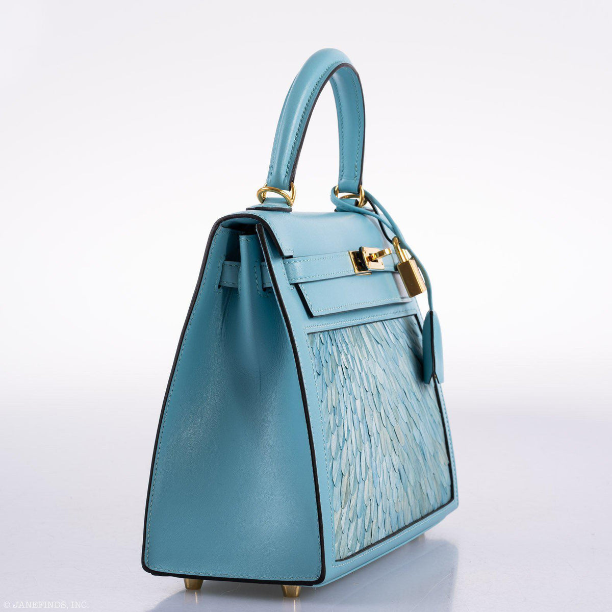 Vintage Hermes Kelly 25 Sellier Blue Atoll Tadelakt with Custom Feather Panel Gold Hardware